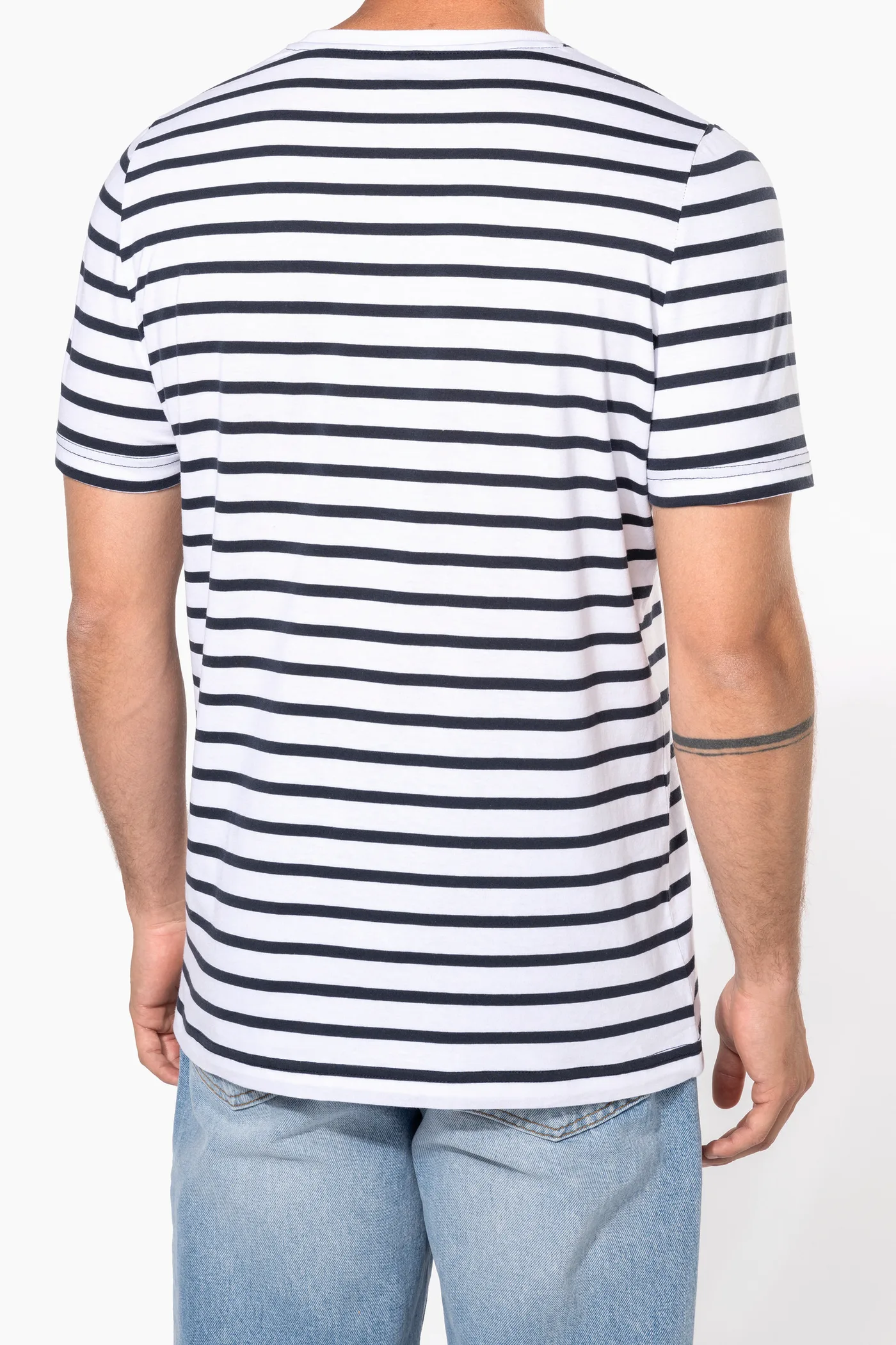 Gestreiftes Kurzarm-T-Shirt im Marine-Stil mit Tasche