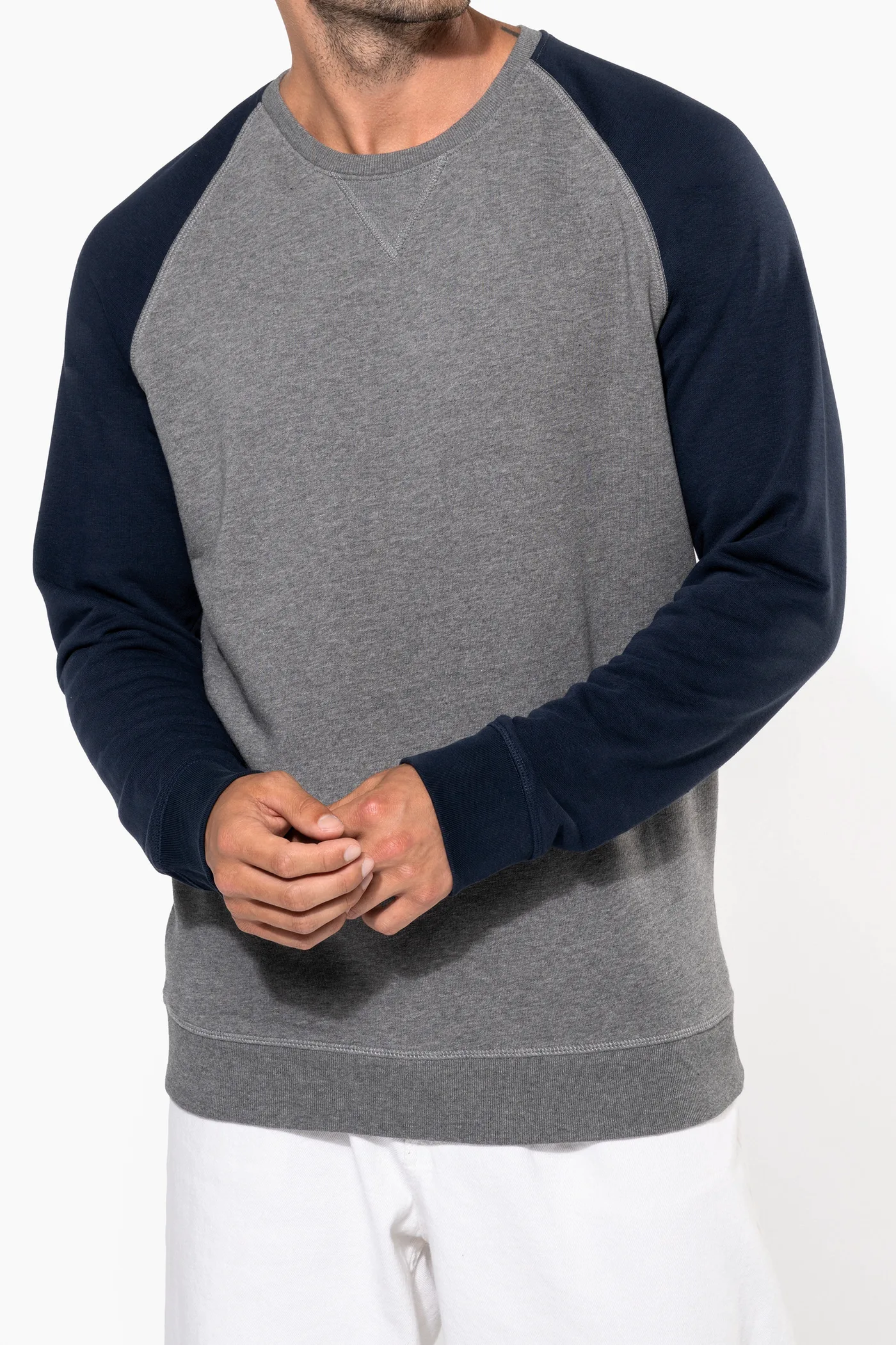 Zweifarbiges Herren-Sweatshirt French Terry mit Rundhalsausschnitt und Raglanärmeln AUS BIO-Baumwolle