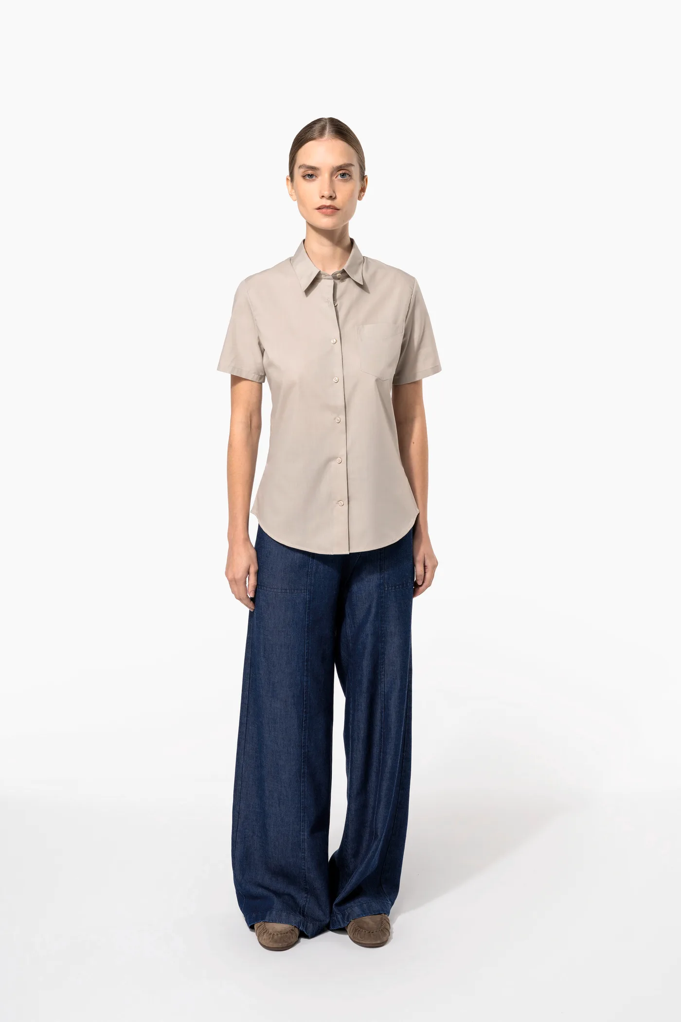 Popeline-Kurzarmhemd Baumwollpolyester pflegeleicht für Damen
