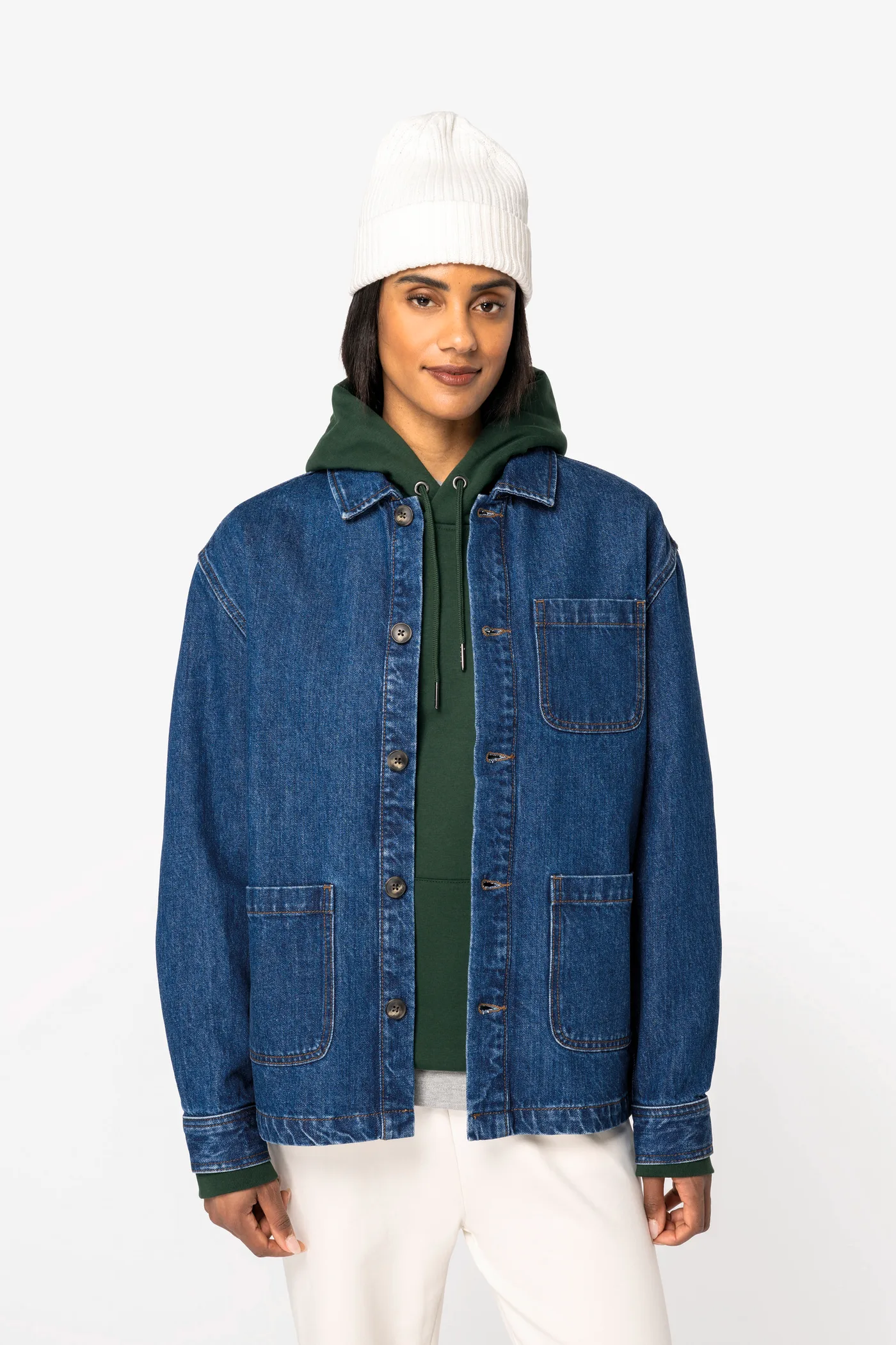 Umweltfreundliche Unisex-Jeansjacke mit überschnittenen Schultern