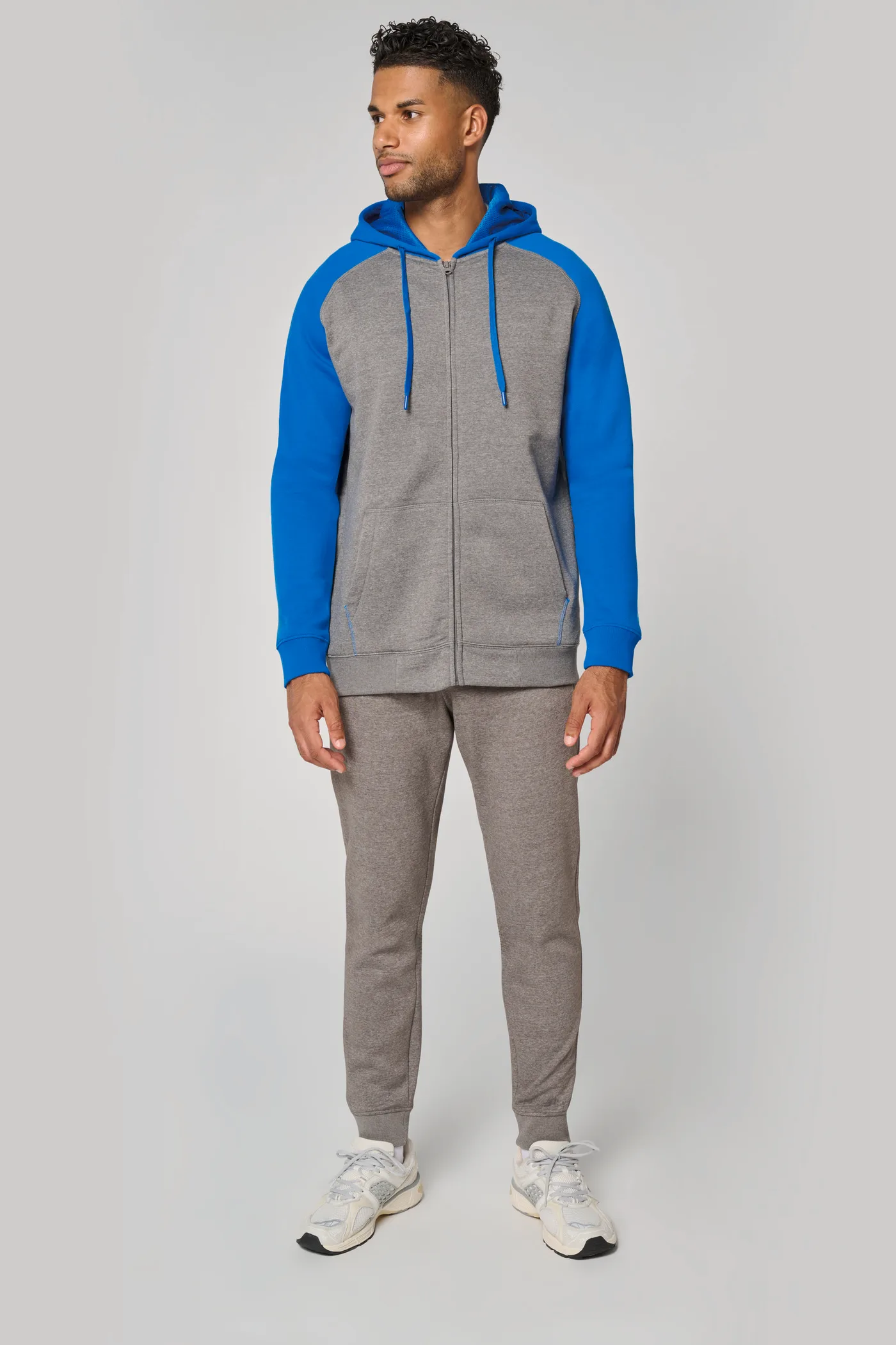 Zweifarbige Unisex-Fleecejacke mit Reißverschluss und Kapuze