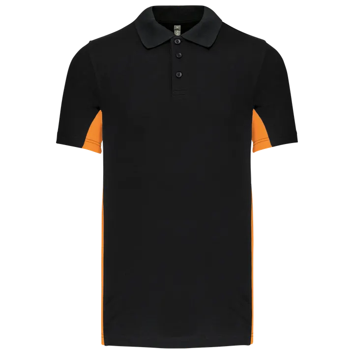 Zweifarbiges Kurzarm-Polohemd für Herren. Aus Baumwollpiqué Black / Orange
