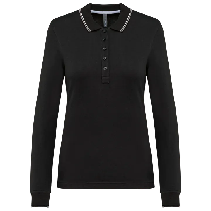 Polo maille piquée manches longues femme Black / Light Grey / White