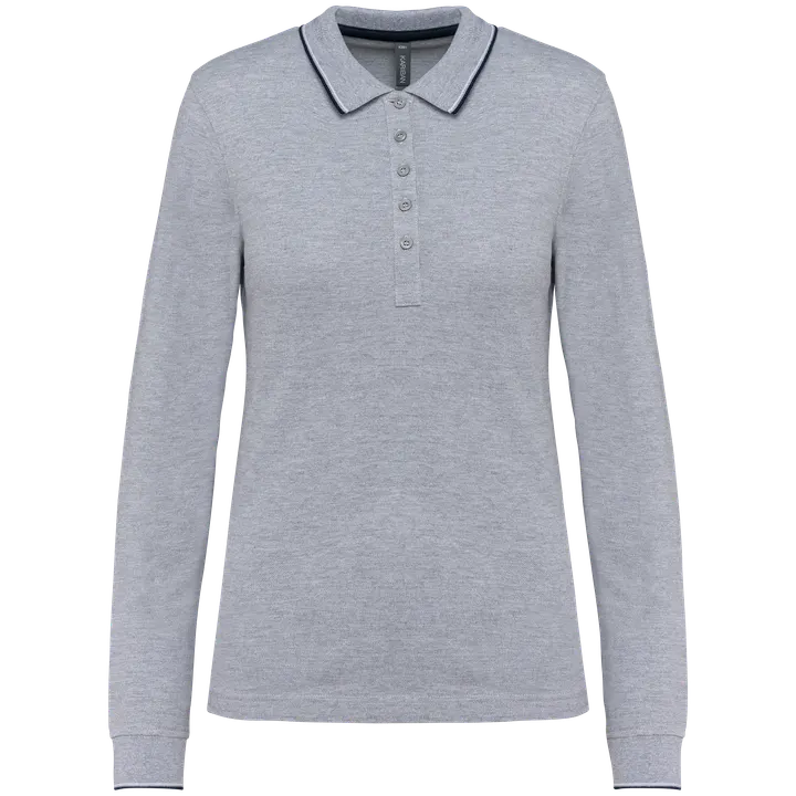 Polo maille piquée manches longues femme Oxford Grey / Navy / White