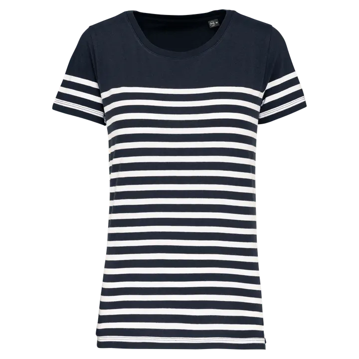 T-Shirt im Marine-Stil mit Rundhalsausschnitt Bio Damen Navy / White Stripes