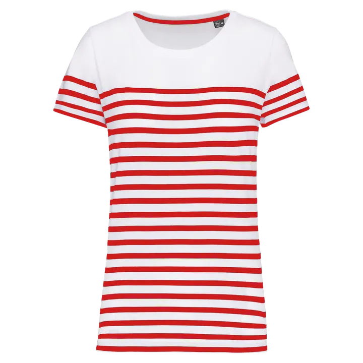 T-Shirt im Marine-Stil mit Rundhalsausschnitt Bio Damen White / Red Stripe
