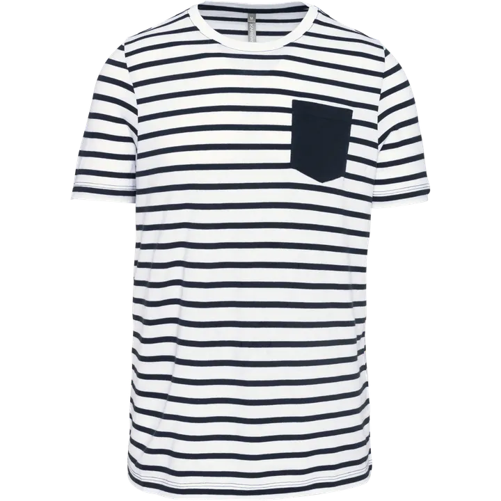 Gestreiftes Kurzarm-T-Shirt im Marine-Stil mit Tasche White / Navy Stripes