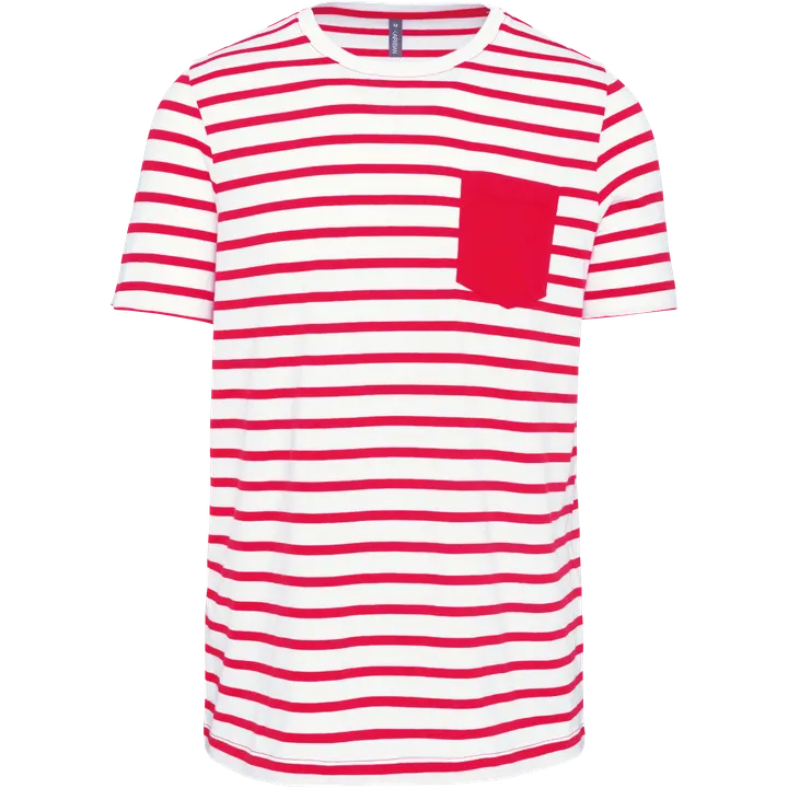 Gestreiftes Kurzarm-T-Shirt im Marine-Stil mit Tasche White / Red Stripe