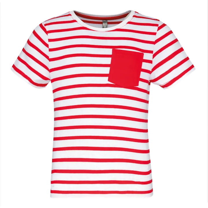 Gestreiftes Kurzarm-T-Shirt mit Tasche für Kinder im Marine-Stil White / Red Stripe