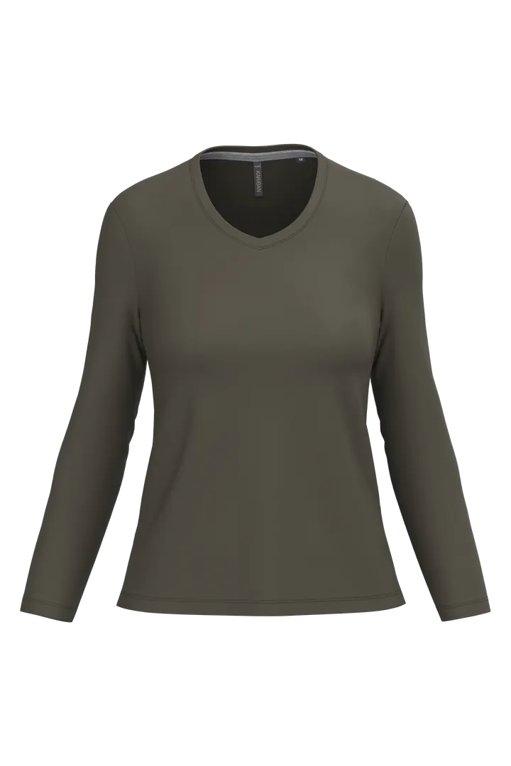 T-shirt col V manches longues femme Dark Khaki