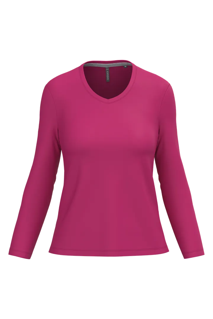 T-shirt col V manches longues femme Fuchsia