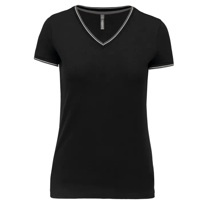 Damen T-Shirt aus Piqué-Trikot mit V-Ausschnitt Black / Light Grey / White