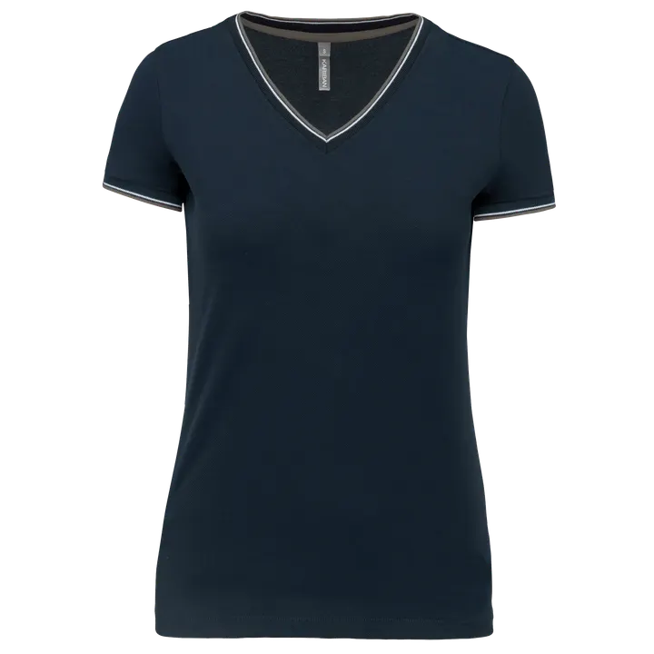 Damen T-Shirt aus Piqué-Trikot mit V-Ausschnitt Navy / Light Grey / White