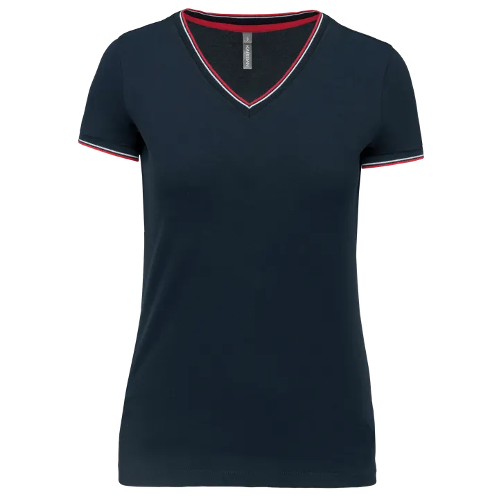Damen T-Shirt aus Piqué-Trikot mit V-Ausschnitt Navy / Red / White