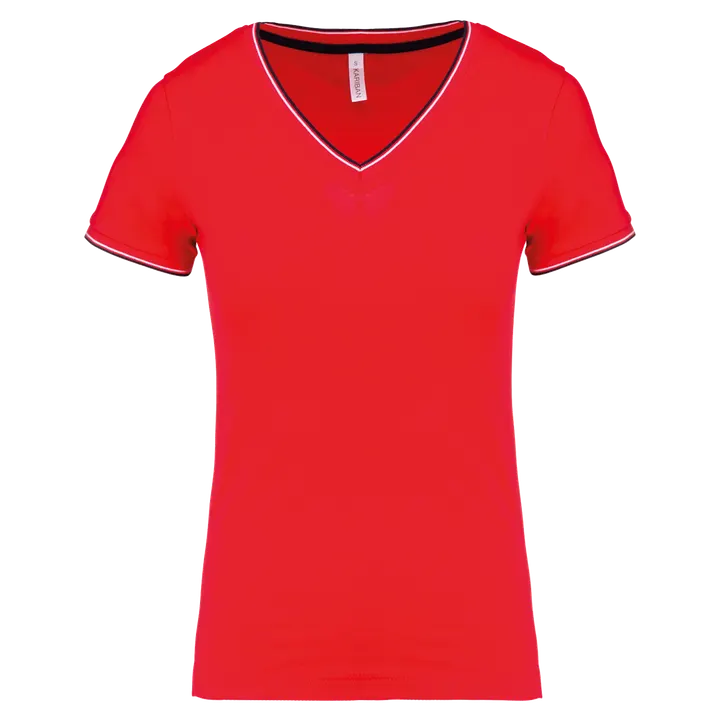 Damen T-Shirt aus Piqué-Trikot mit V-Ausschnitt Red / Navy / White