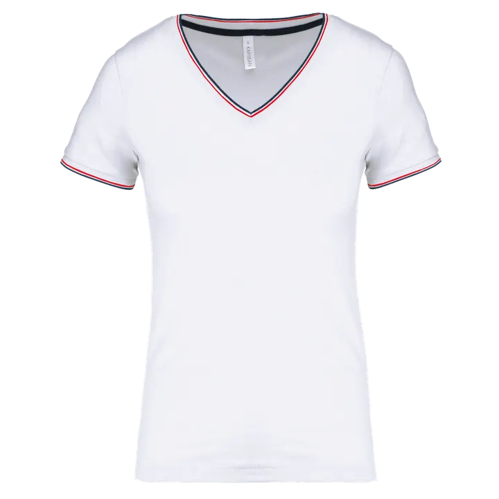 Damen T-Shirt aus Piqué-Trikot mit V-Ausschnitt White / Navy / Red