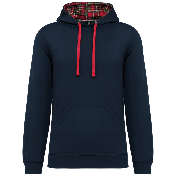 Unisex-Kapuzensweatshirt mit kontrastfarbener Kapuze und Motiven Navy / Red Tartan