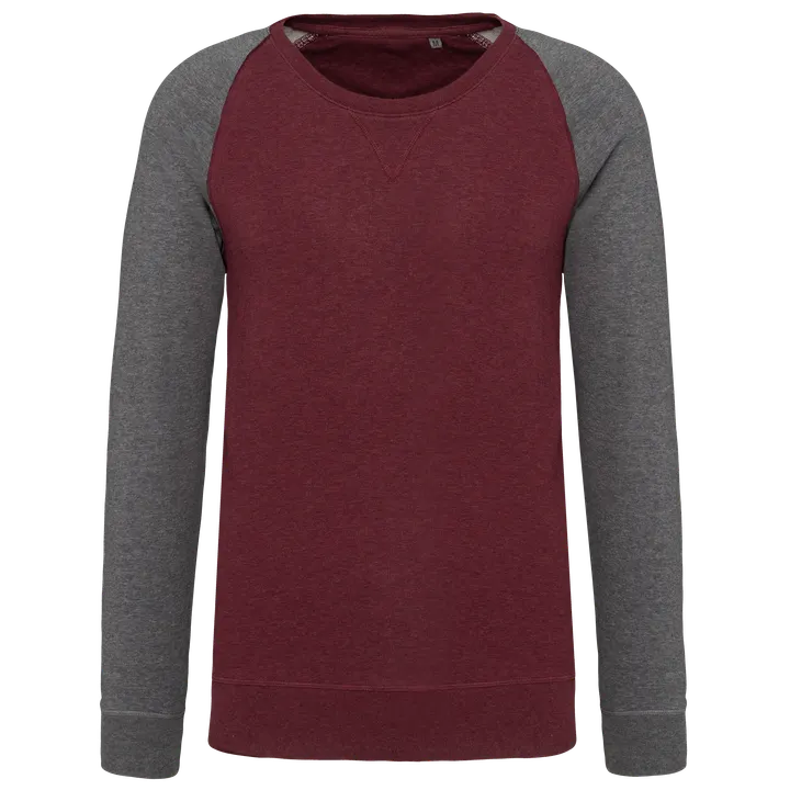 Zweifarbiges Herren-Sweatshirt French Terry mit Rundhalsausschnitt und Raglanärmeln AUS BIO-Baumwolle Wine Heather / Grey Heather