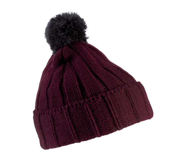 Bommelmütze mit Umschlag. Burgundy / Dark Grey