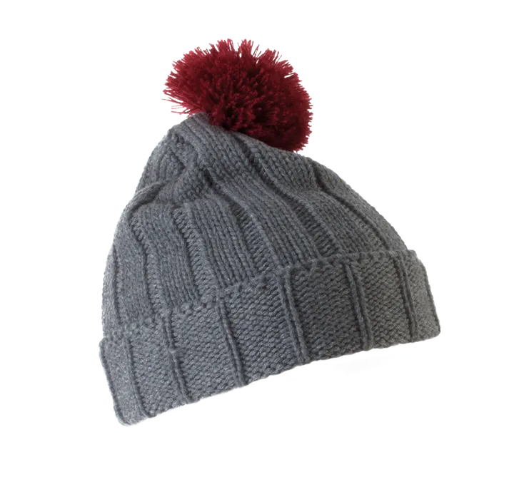 Bommelmütze mit Umschlag. Grey / Burgundy