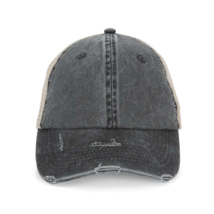 Umweltfreundliche Unisex Trucker-Cap im zerrissenen Look Washed black / Beige