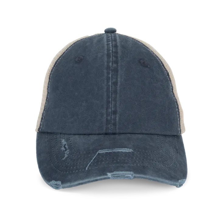 Umweltfreundliche Unisex Trucker-Cap im zerrissenen Look Washed Navy Blue / Beige