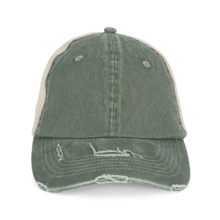 Umweltfreundliche Unisex Trucker-Cap im zerrissenen Look Washed Organic Khaki / Beige