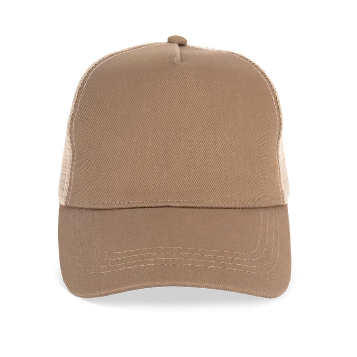 Casquette trucker écoresponsable 5 panneaux unisexe Dark camel / Beige