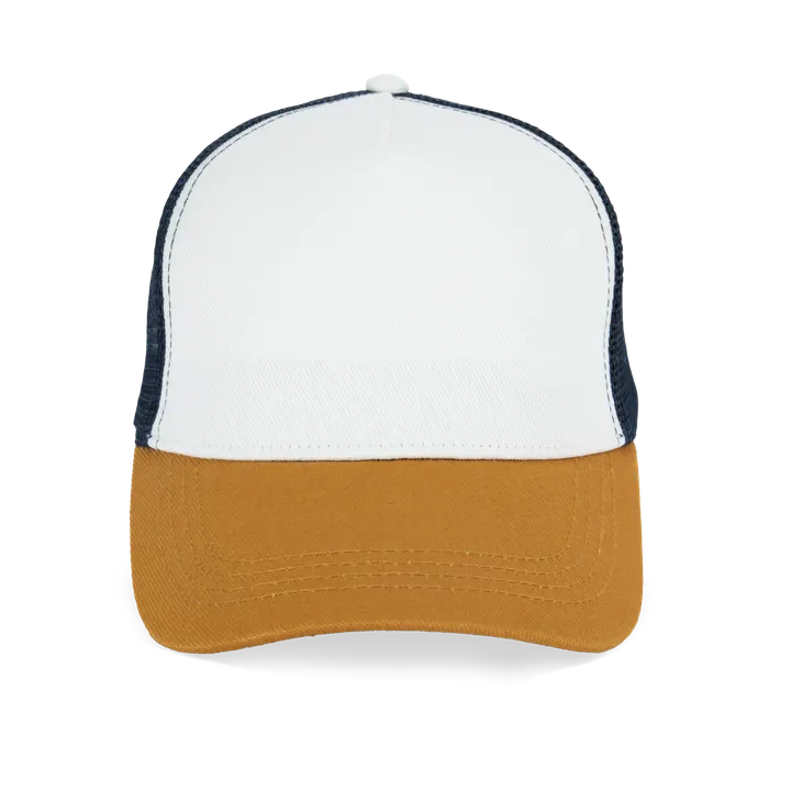 Casquette trucker écoresponsable 5 panneaux unisexe Ivory / Curcuma / Navy Blue