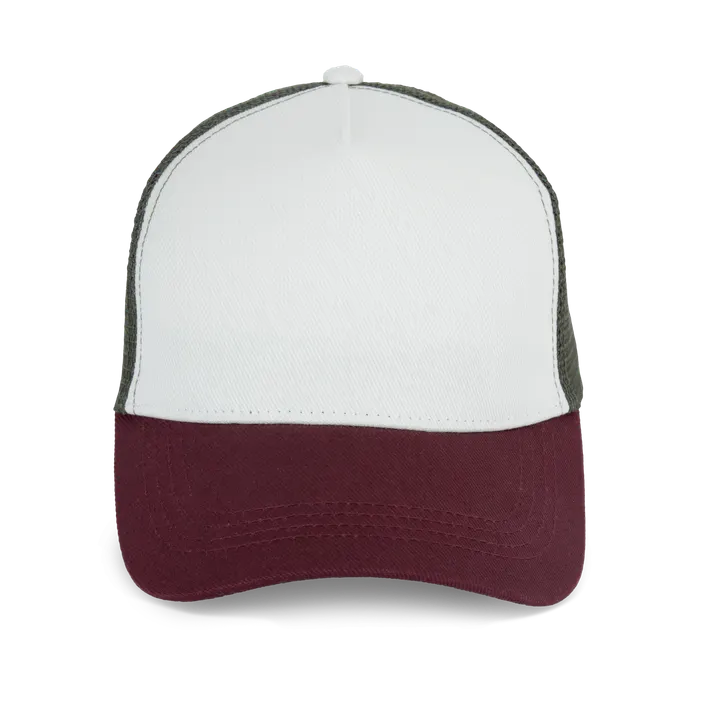 Casquette trucker écoresponsable 5 panneaux unisexe Ivory / Dark Cherry / Organic Khaki