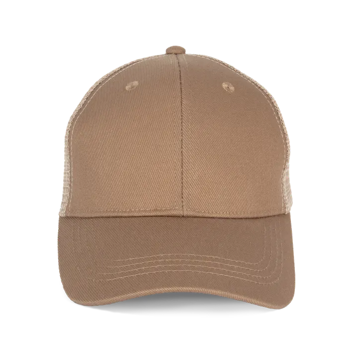 Casquette trucker écoresponsable 6 panneaux unisexe Dark camel / Beige