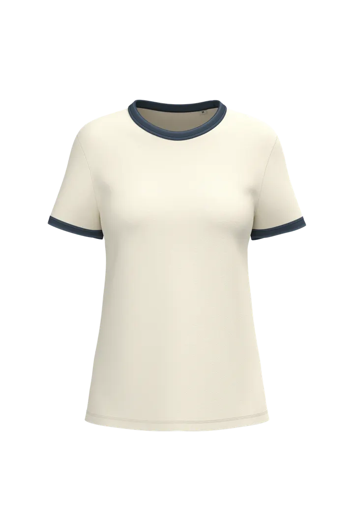 T-shirt ringer écoresponsable à bords contrastés effet délavé femme Ivory / Washed Navy Blue