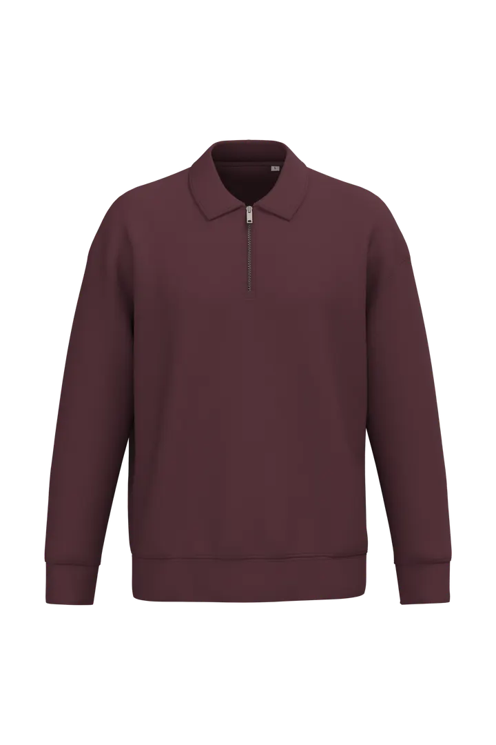 Sweat-shirt écoresponsable quart zip col polo à épaules tombantes unisexe Dark Cherry