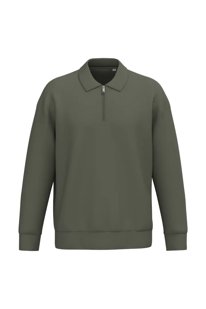 Sweat-shirt écoresponsable quart zip col polo à épaules tombantes unisexe Organic Khaki