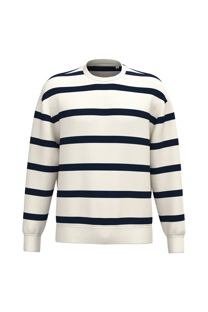 Sweat-shirt écoresponsable à col rond à rayures et épaules tombantes unisexe Ivory/ Navy blue stripes