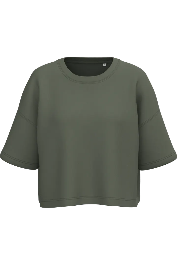 Damen Cropped-Sweatshirt mit kurzen Ärmeln und Rundhalsausschnitt Sporty Khaki