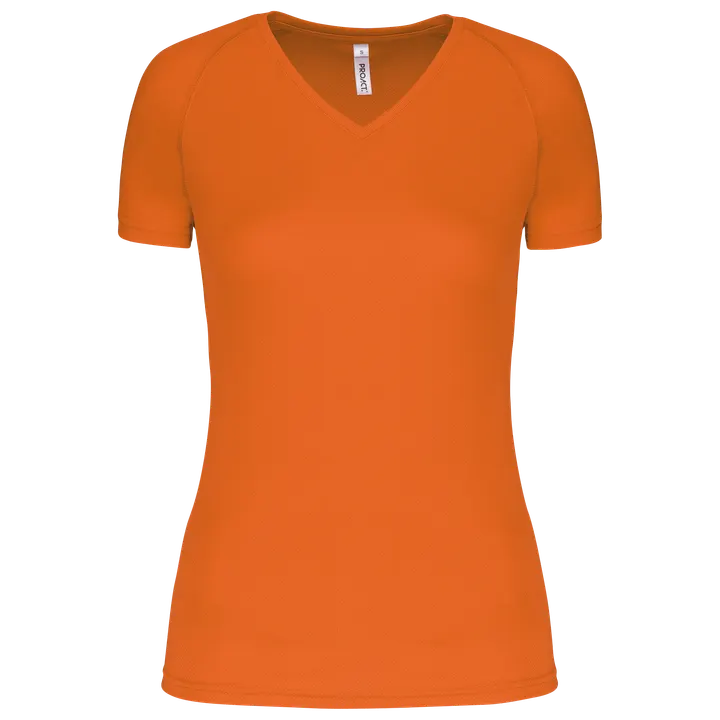 Damen Kurzarm-Sportshirt mit V-Ausschnitt Fluorescent Orange