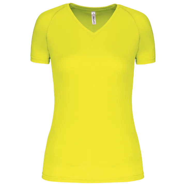 Damen Kurzarm-Sportshirt mit V-Ausschnitt Fluorescent Yellow