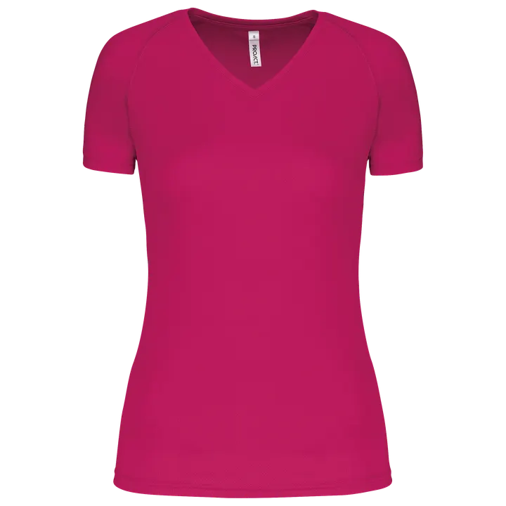 Damen Kurzarm-Sportshirt mit V-Ausschnitt Fuchsia