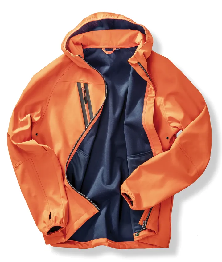 Veste Softshell 3 couches recyclée à capuche unisexe Orange / Navy