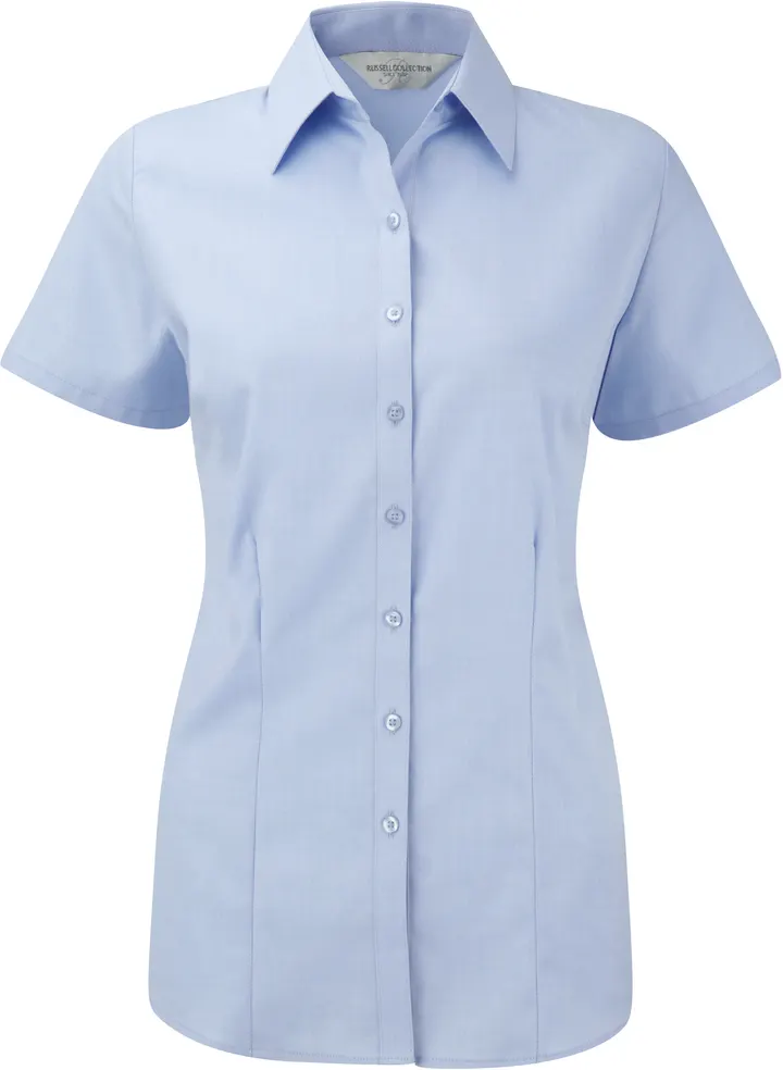 Ladies Short Sleeve Herringbone Shirt Light Blue