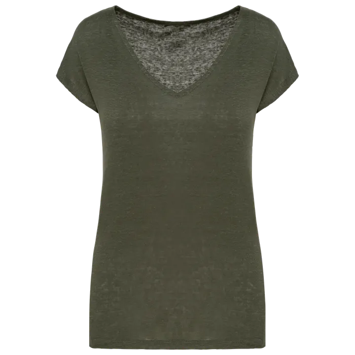 T-shirt col V en lin femme Organic Khaki