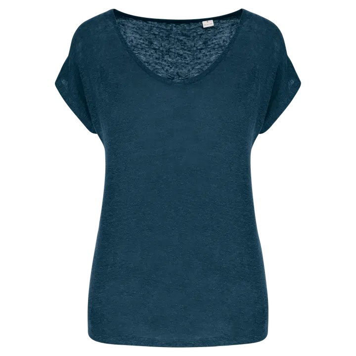 T-shirt col V en lin femme Peacock Blue