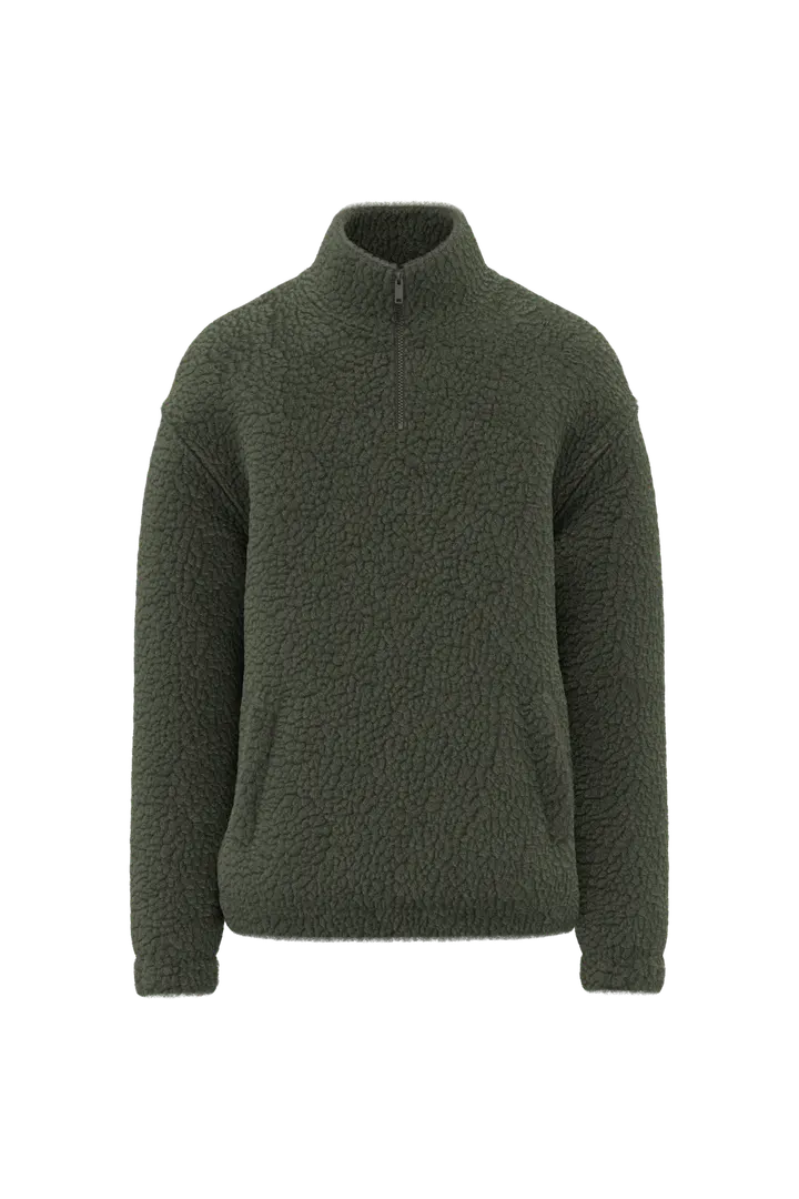 Unisex-Sweatshirt mit 1/4-Reißverschluss und überschnittenen Schultern aus Sherpa-Material Forest Khaki
