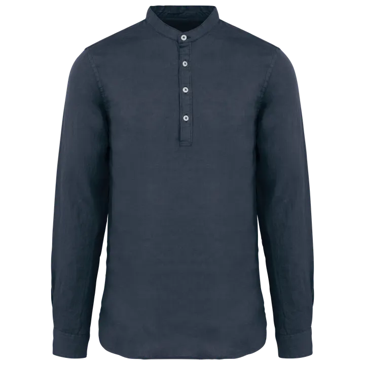 Ausgewaschenes Herren-Hemd aus Leinen mit Maokragen Washed Navy Blue