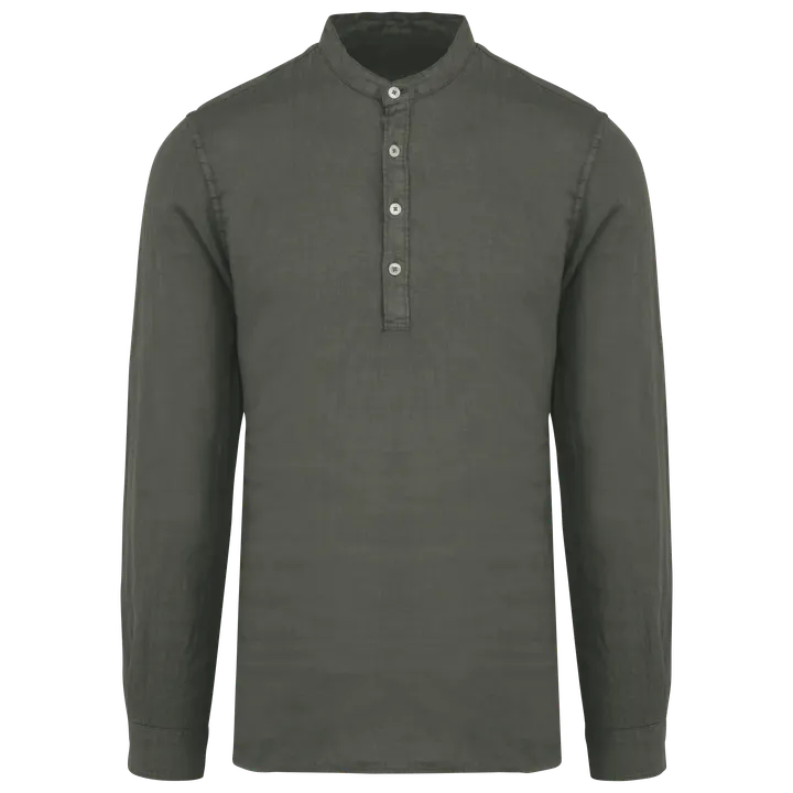 Ausgewaschenes Herren-Hemd aus Leinen mit Maokragen Washed Organic Khaki