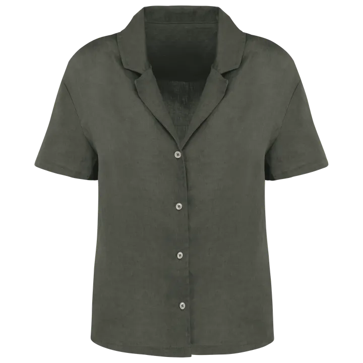 Damenhemd aus Leinen mit kurzen Ärmeln und Bowling-Kragen Organic Khaki