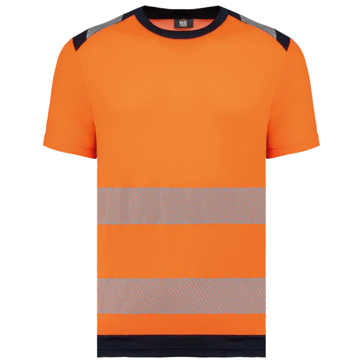 Recyceltes Sicherheits-T-Shirt mit Rundhalsausschnitt und kurzen Ärmeln Hi Viz Orange / Navy