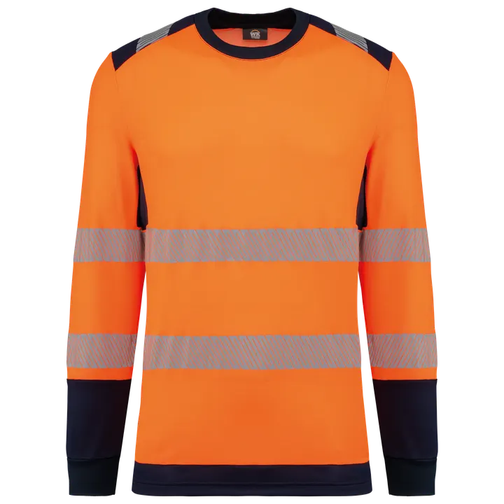 T-shirt de sécurité recyclé col rond manches longues unisexe Hi Viz Orange / Navy