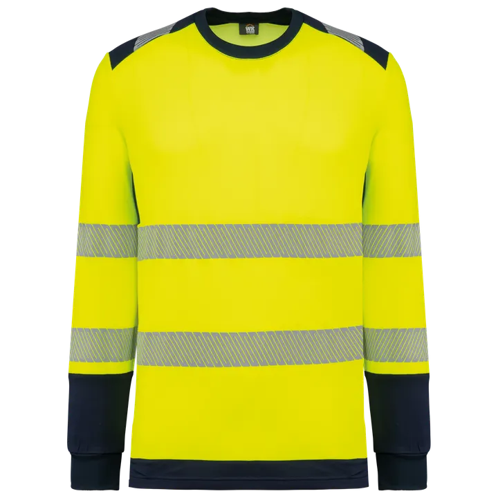 T-shirt de sécurité recyclé col rond manches longues unisexe Hi Viz Yellow / Navy